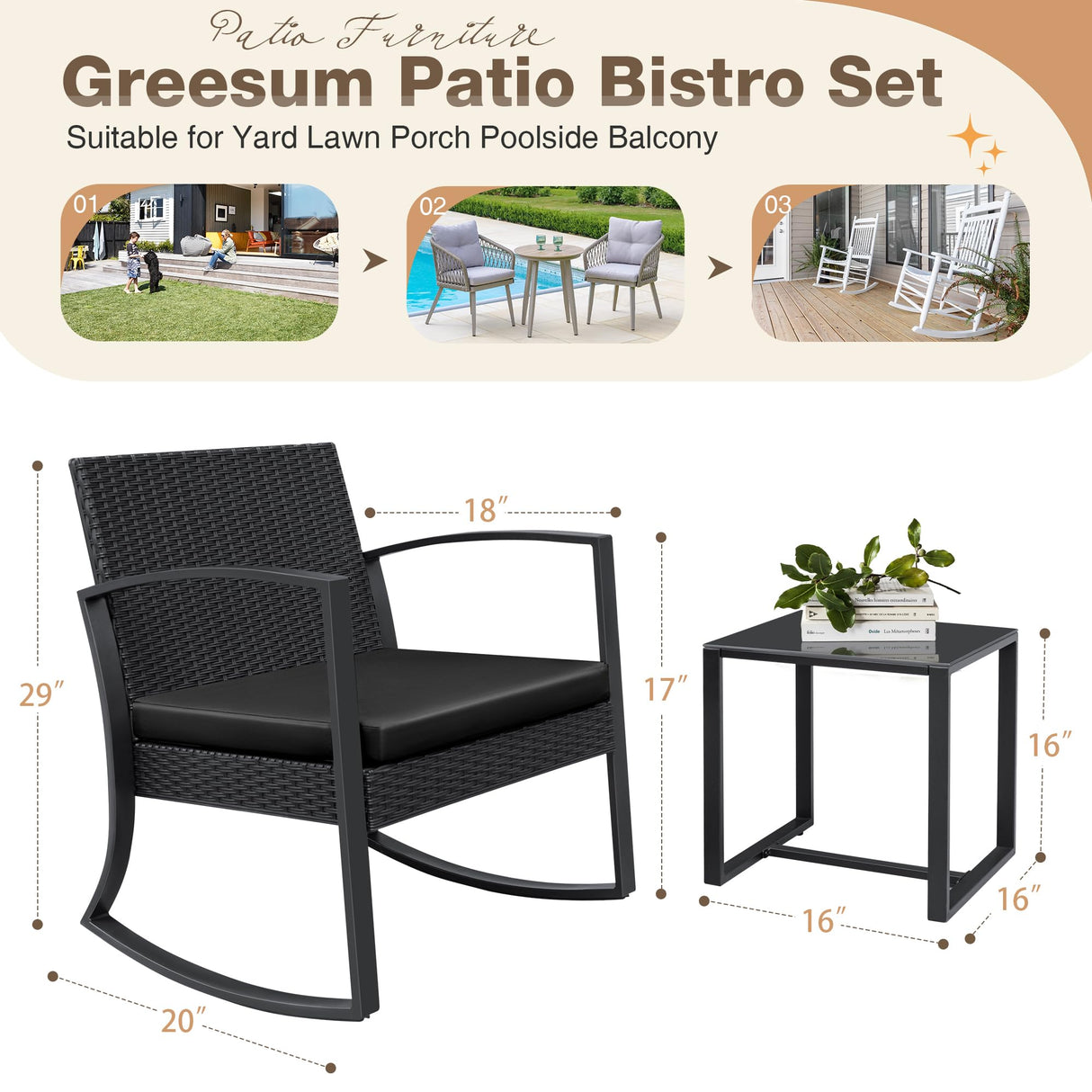 Greesum 3 Pieces Outdoor Furniture Set Patio Bistro Rocking Chairs with Glass Coffee Table for Pool Beach Backyard Balcony Porch Deck Garden, Black Greesum