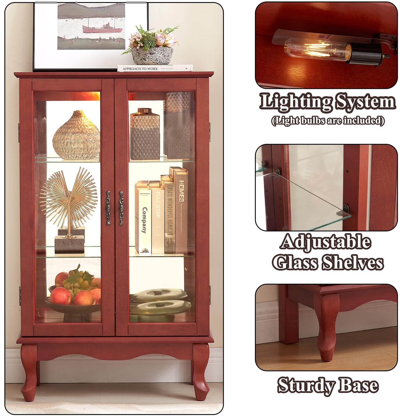 nifoti 43" H Lighted Curio Cabinet Display Case, Glass Curio Cabinet with Adjustable Shelves and Tempered Glass Door, Wooden Curio Cabinet w/Mirrored Back Pane for Living Room (Cherry)