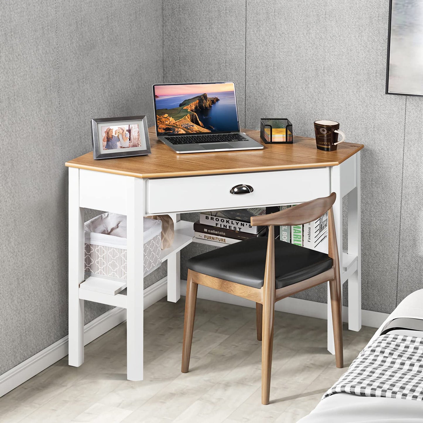 COSTWAY Corner Desk, Writing Corner Computer Desk with Drawer for Small Space, Wood Makeup Vanity Desk, Small Corner Desk with Shelves, Office Study Workstation, White Corner Desk (Natural)