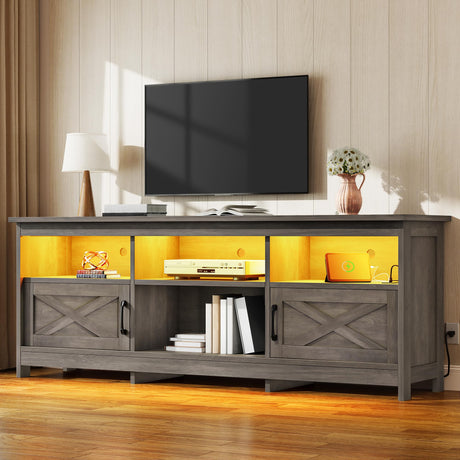 YITAHOME TV Stand for 80/75/70 Inch TVs, Farmhouse Entertainment Center with LED Lights & Storage Cabinets, Open Shelves & Adjustable Shelf, TV Consoles for Living Room, Washed Gray YITAHOME