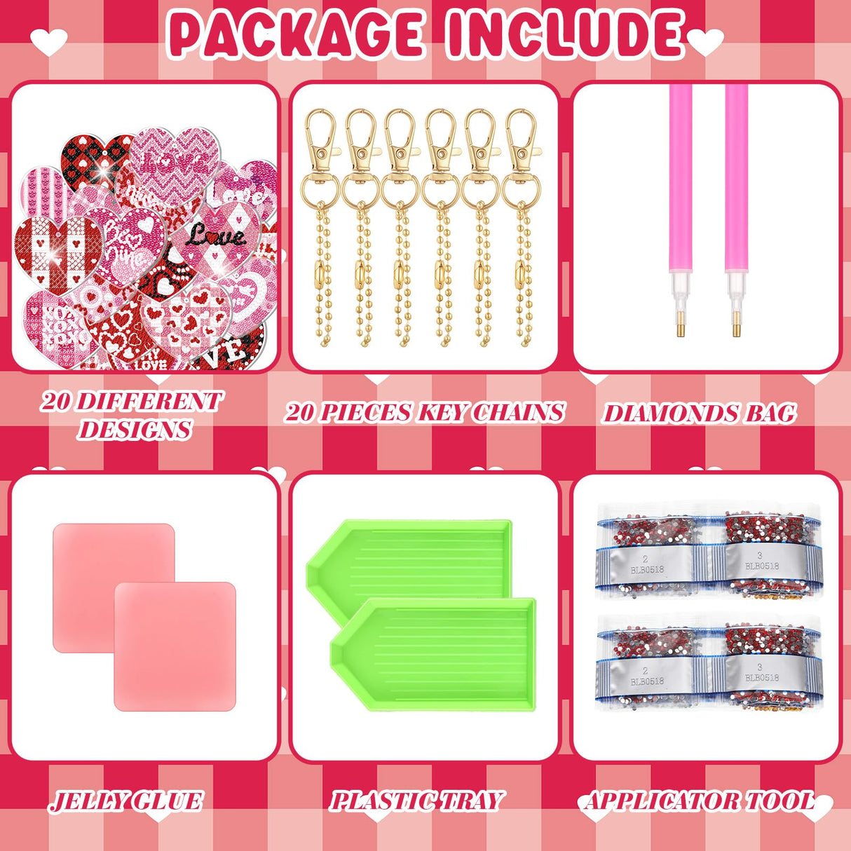 Tondiamo 20 Pcs Valentine's Day Keychain Kits Diamond Painting with Tools Love Heart Diamond Art Keychain Hanging Decor for DIY Ornaments Tondiamo