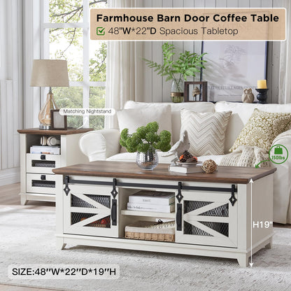 OKD 48'' Coffee Table with Storage & Sliding Barn Doors, Farmhouse & Industrial Cocktail Table w/Adjustable Shelves, Modern Rectangular Rustic Living Room, Meeting Room, Antique White - WoodArtSupply