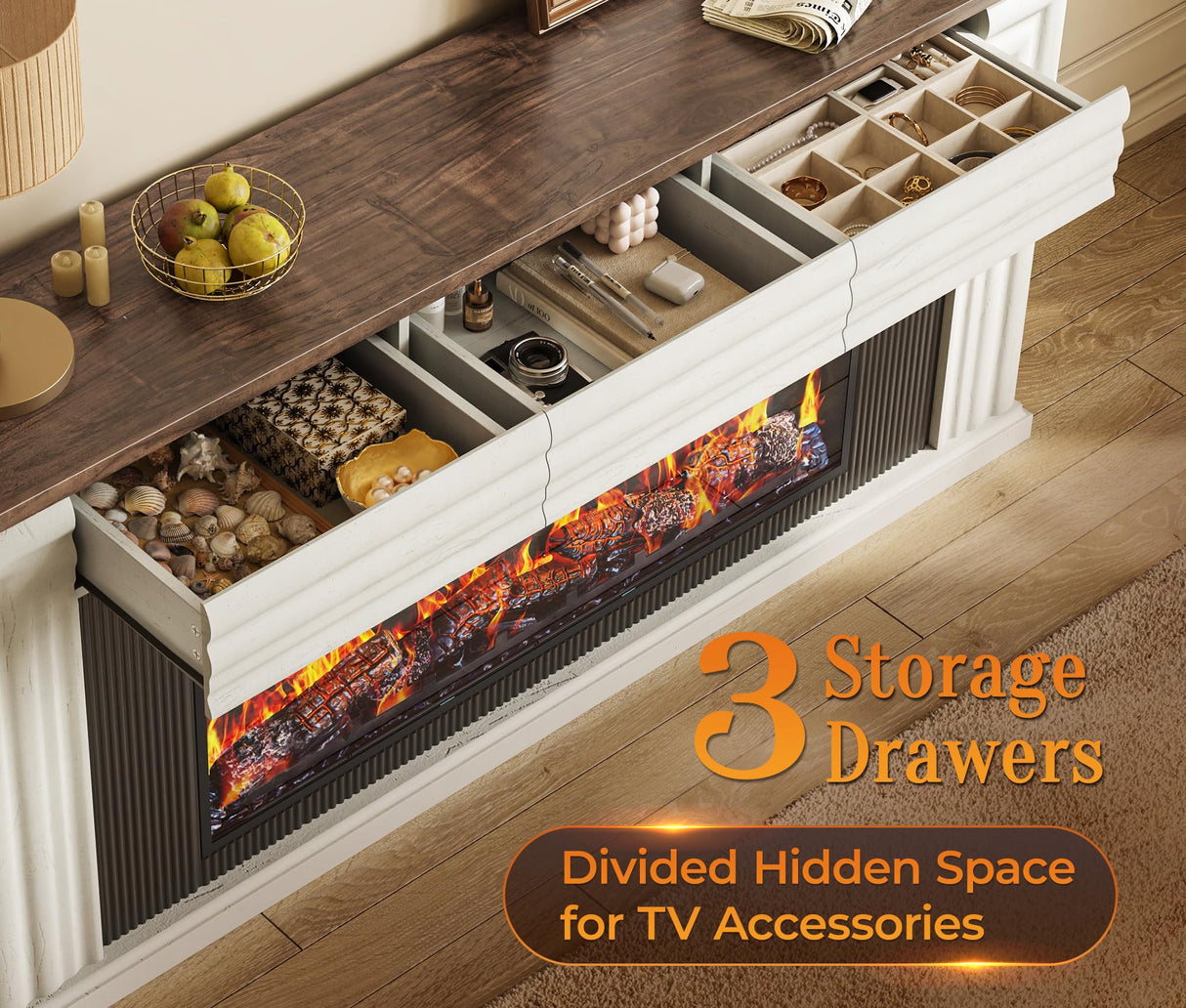 PRAISUN 70'' Fireplace TV Stand with 42'' Electric Fireplace, Farmhouse TV Stand for 65 75 Inch TV, Entertainment Center TV Console with 3 Drawers, Fluted Design, for Living Room, Distressed White PRAISUN