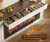 PRAISUN 70'' Fireplace TV Stand with 42'' Electric Fireplace, Farmhouse TV Stand for 65 75 Inch TV, Entertainment Center TV Console with 3 Drawers, Fluted Design, for Living Room, Distressed White PRAISUN