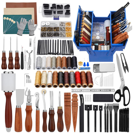 Leather Working Tools Kit, Leather Tooling Kit with Double Layer Storage Box, Heavy Duty Sewing Kit, Professional Working Tools and Supplies for DIY Stamping Cutting Engraving Punching Sewing FOUSNOW