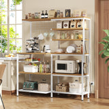 iabifo L-Shaped Bakers Rack with Power Outlet, 6-Tier Microwave Stand with Open Storage, Kitchen Shelf with Hooks, Coffee Bar with Wire Basket, White iabifo