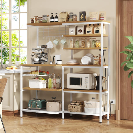 iabifo L-Shaped Bakers Rack with Power Outlet, 6-Tier Microwave Stand with Open Storage, Kitchen Shelf with Hooks, Coffee Bar with Wire Basket, White iabifo