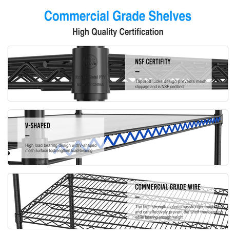 5 Tier 7500lbs Capacity NSF Metal Shelf Wire Shelving Unit, Heavy Duty Adjustable Storage Rack with Wheels & Shelf Liners for Commercial Grade Utility Steel Storage Rack, Black - 82"H x 60"L x 24"D pouseayar