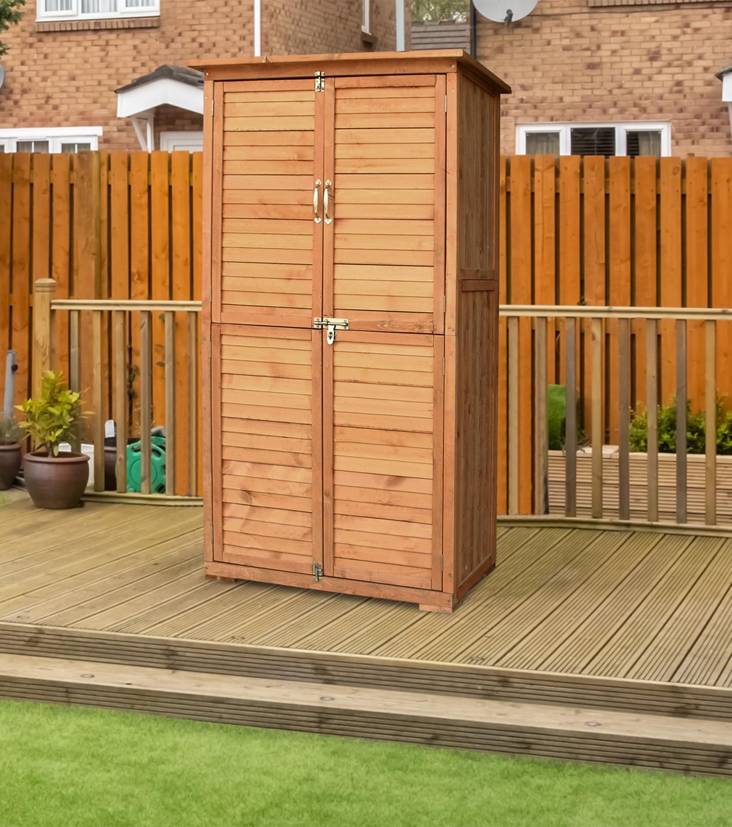 YTGLEN Outdoor Storage Cabinet, Wood Garden Shed, Pool Storage Shed with Lockable Door, Waterproof Roof and 2 Removable Shelves, Vertical Outside Storage Shed for Patio, Backyard and Lawn - WoodArtSupply