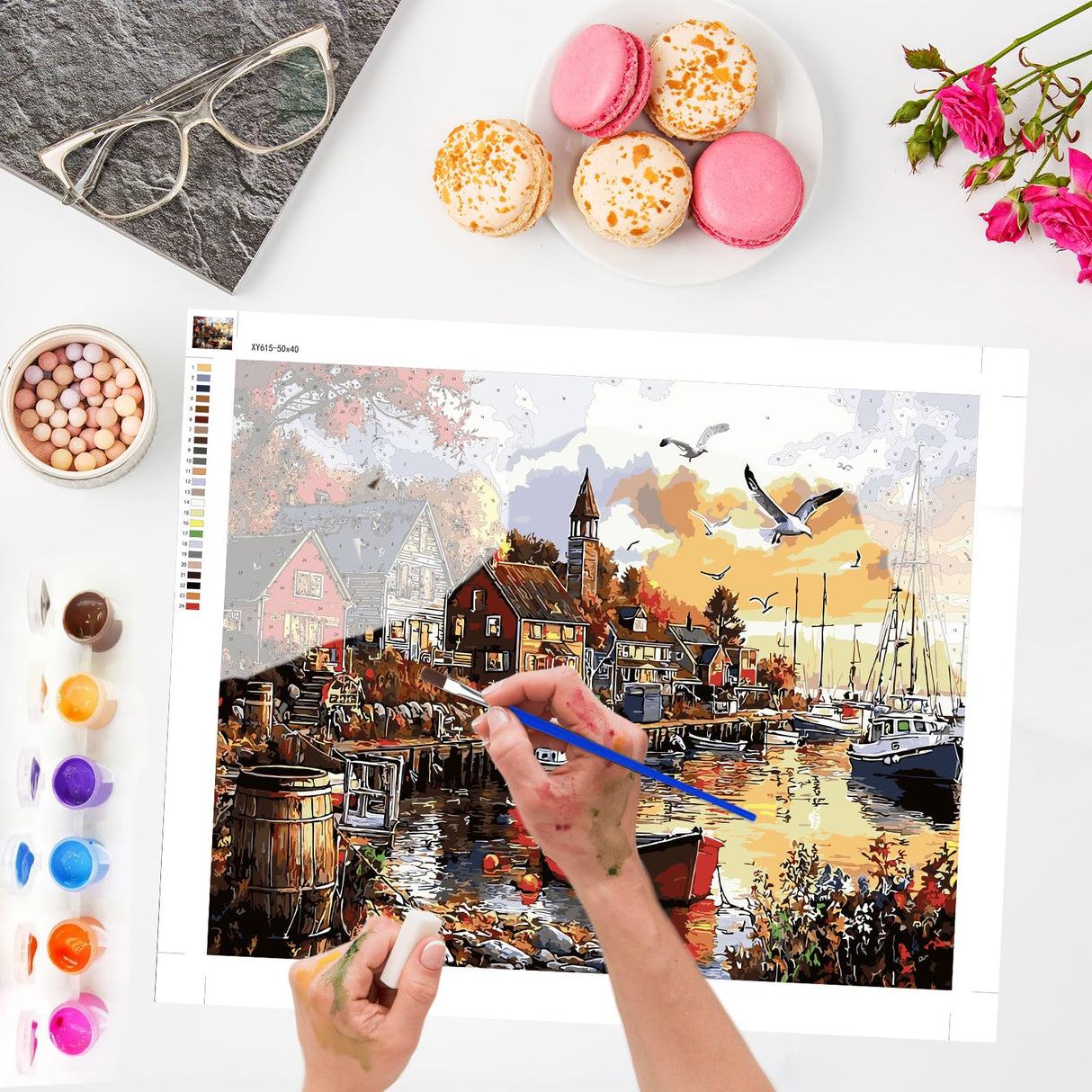 Lxmsja Fishing Village Paint by Numbers Kit for Adults, Harbor Acrylic Paint by Numbers for Adults Beginner, DIY Craft Supplies Oil Painting Kits for Home Wall Decor 20x16 inch (No Frame) Lxmsja