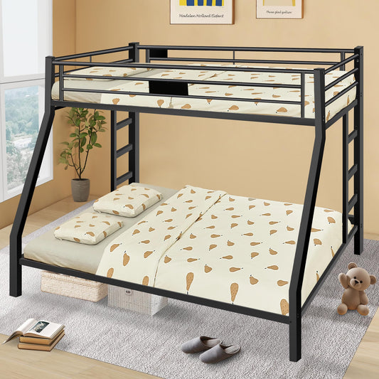 Metal Twin XL Over Queen Bunk Bed for Kids, Heavy Duty Bunk Bed Frame with 2 Safety Side Ladders and Full Length Guard Rail, Space-Saving Bunk Bed for Children, Teens, Adults, Noise-Free, Sandy Black