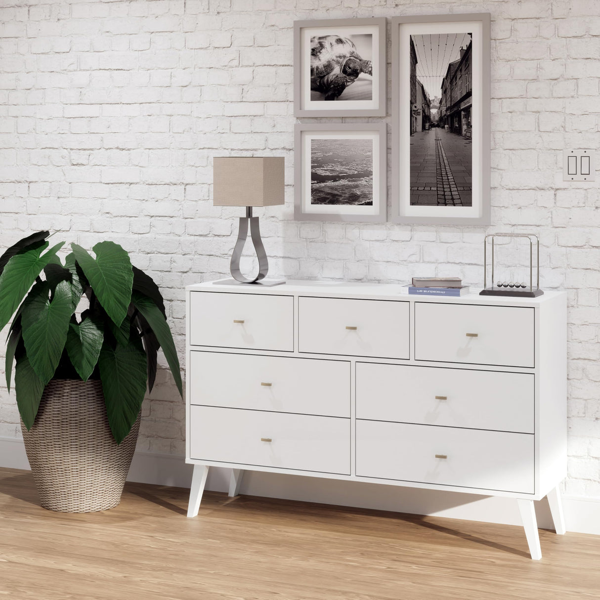 Prepac Milo Mid-Century Modern 7 Drawer Double Dresser for Bedroom, Wide Chest of Drawers, Contemporary Bedroom Furniture, 16" D x 52.5" W x 33.75" H, White, WDBR-1407-1 Prepac