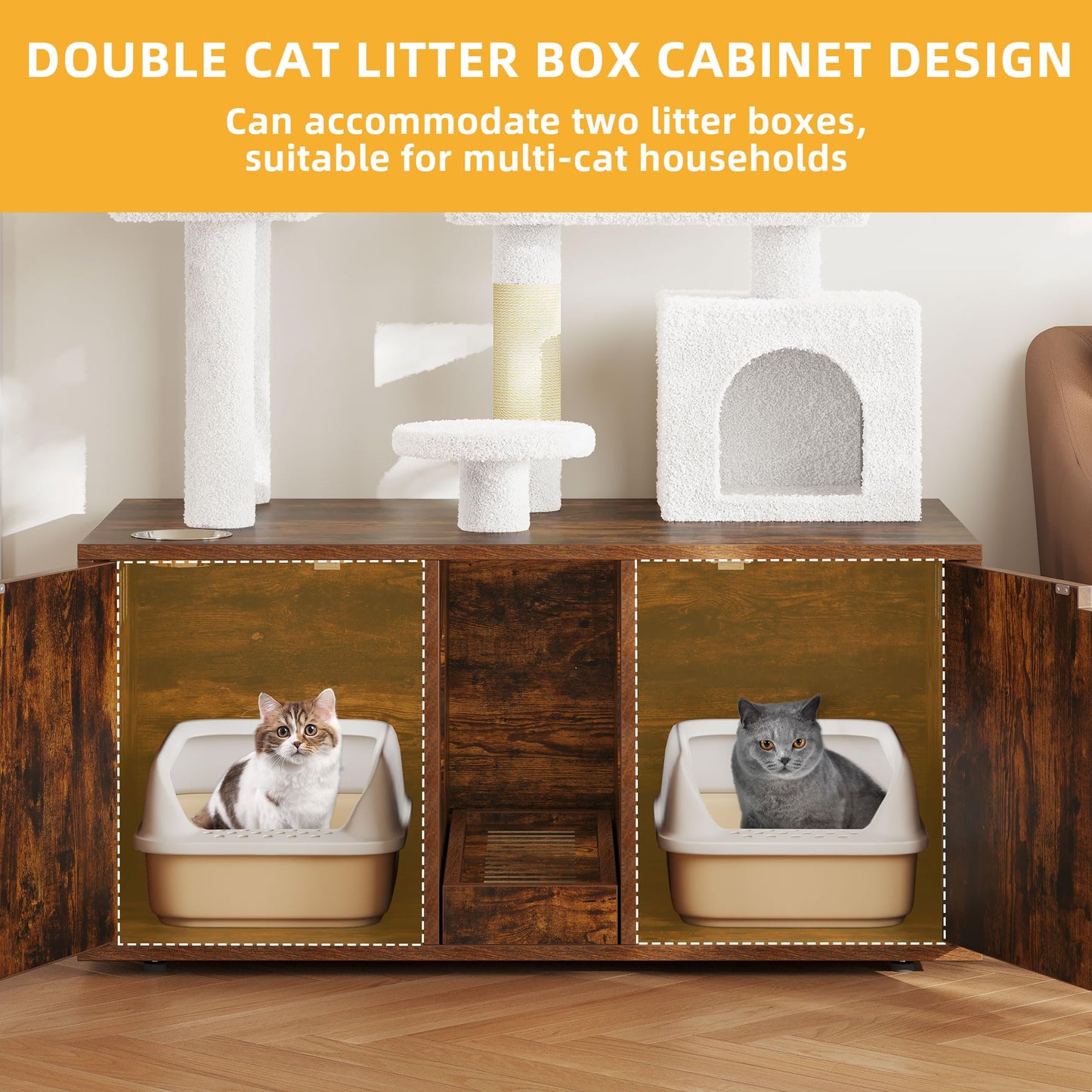 DWVO Double Cat Litter Box Enclosure with Cat Tree, Litter Box Furniture Hidden for 2 Cats, All-in-one Wooden Litter Box Furniture with Cat Tower Condo Food Station and Large Platform, Rustic - WoodArtSupply