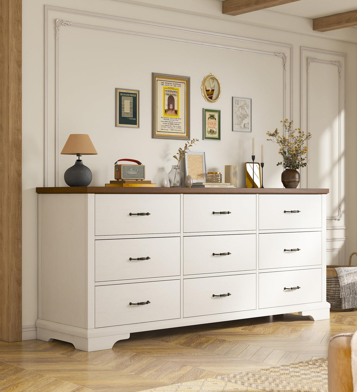 EnHomee 9 Drawers Dresser, 63" W Farmhouse Dressers for Bedroom Dressers with 9 Drawers, Solid Wood Dresser TV Stand with Large Metal Handle, Modern Wood Drawer Organizer for Closet (Antique White) EnHomee