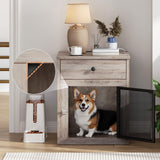 HOOBRO Dog Crate Furniture, Dog Kennel with Drawer and Charging Station, Indoor Decorative Puppy House, Wooden Pet Crate End Table for Small Dogs, Greige and Black BG58UGW03G1 HOOBRO