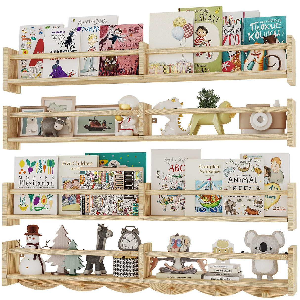 ECOOCE 34Inch Nursery Bookshelves,Set of 4,Wall Floating Shelf Kids Coat Rack with 6Hooks,Hanging Book Shelf for Baby Nursery Room Décor， Patent Number: 29958098(Burlywood, 34) ECOOCE