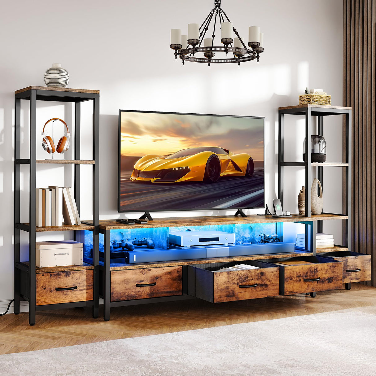 DWVO Entertainment Center with Bookshelves, LED TV Stand for 65/60 inch TV, Retro TV Stand for Living Room with 2 Industrial 4-Tier Bookshelves & Power Outlets,Rustic Brown DWVO