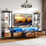 DWVO Entertainment Center with Bookshelves, LED TV Stand for 65/60 inch TV, Retro TV Stand for Living Room with 2 Industrial 4-Tier Bookshelves & Power Outlets,Rustic Brown DWVO