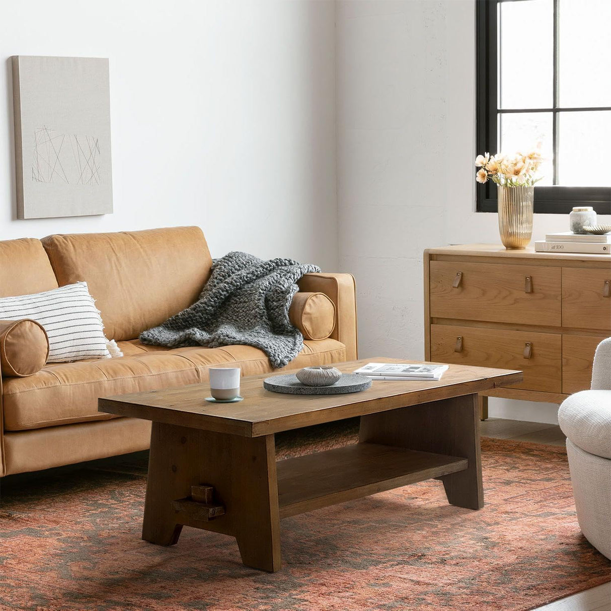 Farmhouse Wood Coffee Table - 43.4” Mid Century Modern Wooden Coffee Tables for Living Room, Solid Firwood Tabletop Rectangle Coffee Table, Center Table for Living Room, Brown HOKYHOKY