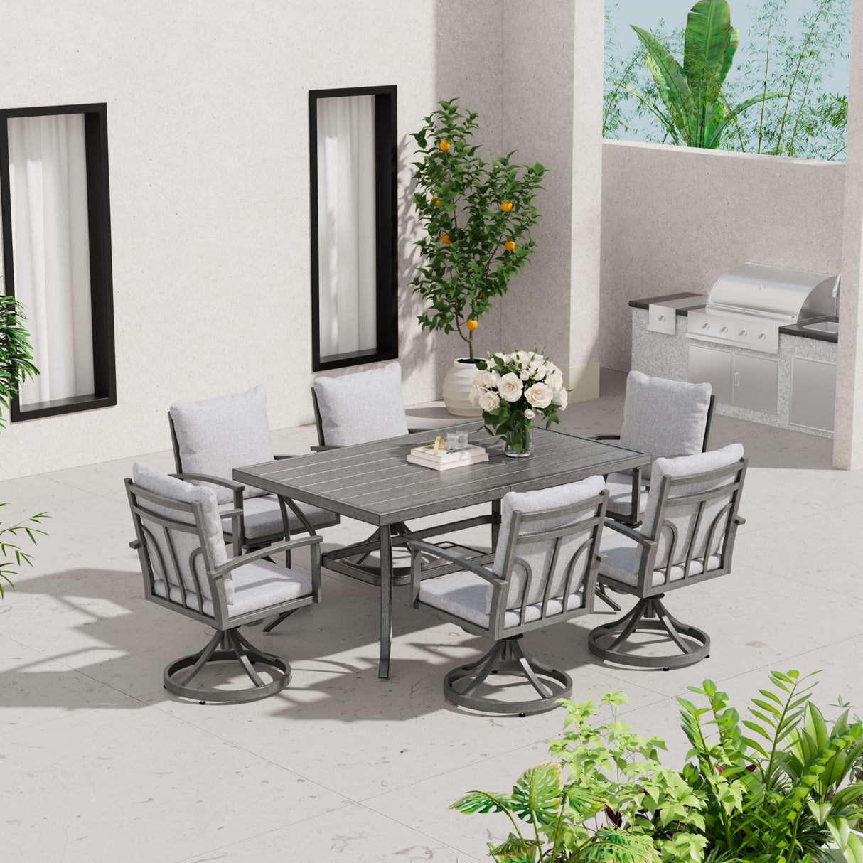 HAPPATIO 7-Piece Outdoor Dining Set - All Aluminum Patio Table and Chairs Set for 6 Includes 1 Rectangular Dining Table and 6 Swivel Dining Chairs with Cushions for Lawn, Garden, Backyard HAPPATIO