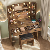 Befrases Vanity Desk with Mirror, LED Lights and Power Outlet, Makeup Vanity with 2 Large Drawers,3 Lighting Modes & Adjustable Brightness, Dressing Desk with Cushioned Stool, Rustic Brown. Befrases