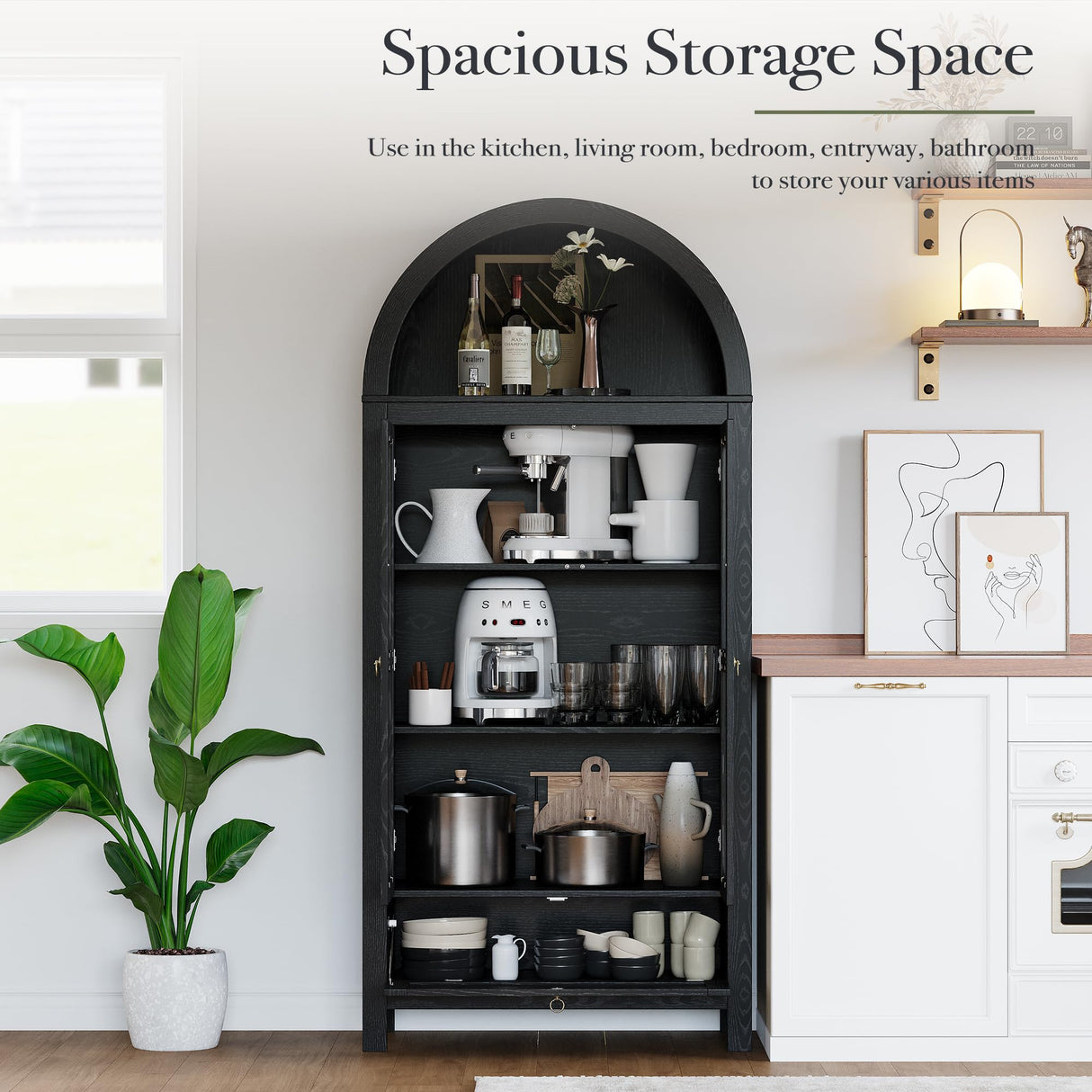 CHYMSUN 71” Tall Arched Kitchen Pantry Cabinet, Modern Farmhouse Hutch Storage Cabinets with Large Drawer and Glass Doors for Kitchen, Dining Room, Living Room, Black CHYMSUN