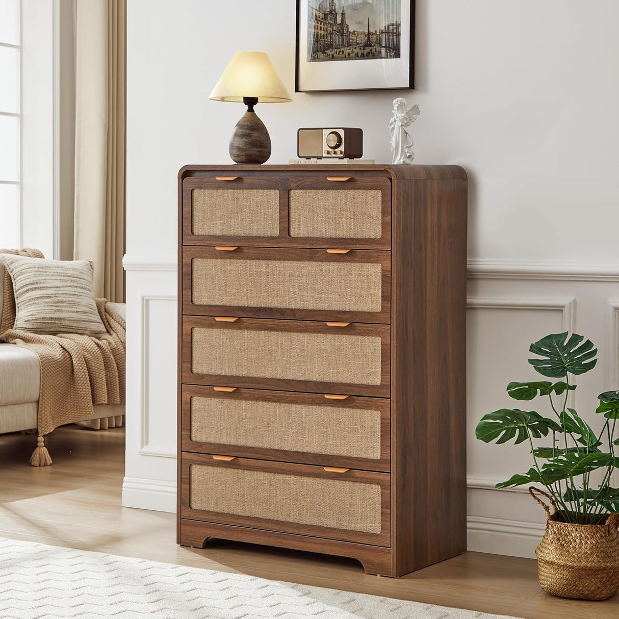 RUSTYER 43" Tall Dresser for Bedroom, 5 Drawer Mid Century Modern Dresser with Natural Linen, Curved Wood Chest of Drawers Closet Clothes Storage Organizer for Living Room, Hallway (Walnut) RUSTYER