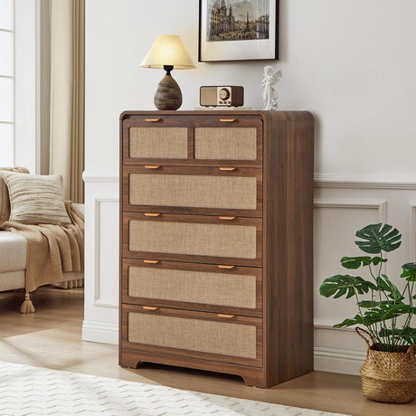 RUSTYER 43" Tall Dresser for Bedroom, 5 Drawer Mid Century Modern Dresser with Natural Linen, Curved Wood Chest of Drawers Closet Clothes Storage Organizer for Living Room, Hallway (Walnut) RUSTYER