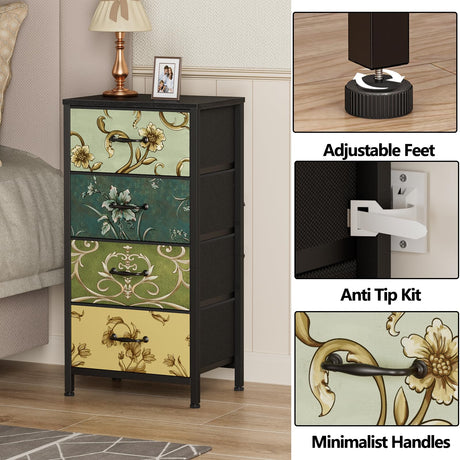 Furnulem 4 Drawer Dresser, Vertical Nightstand for Kids, Adult, Fabric Chest of Drawers for Bedroom, Living Room, Closet, Nusery, Storage Tower Unit Retro Style Furniture, Wood Desk Top Furnulem