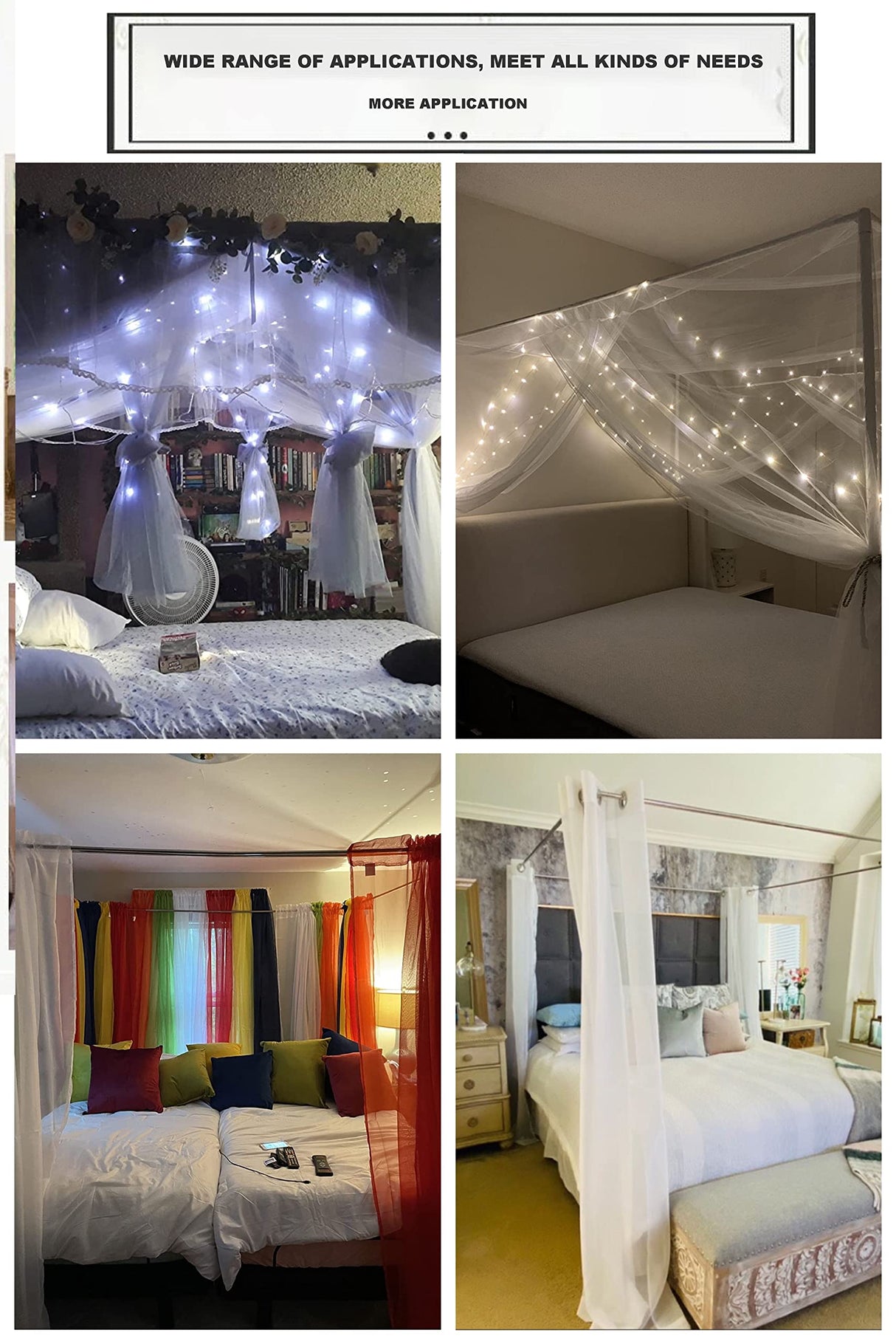 KingKara Canopy Bed Frames Post Queen Full Size Stainless Steel Netting Bed Canopy Frame Poles Four Corner Bed Bracket Fit for Metal Bed Wood Bed Bedroom Décor (Queen) KingKara