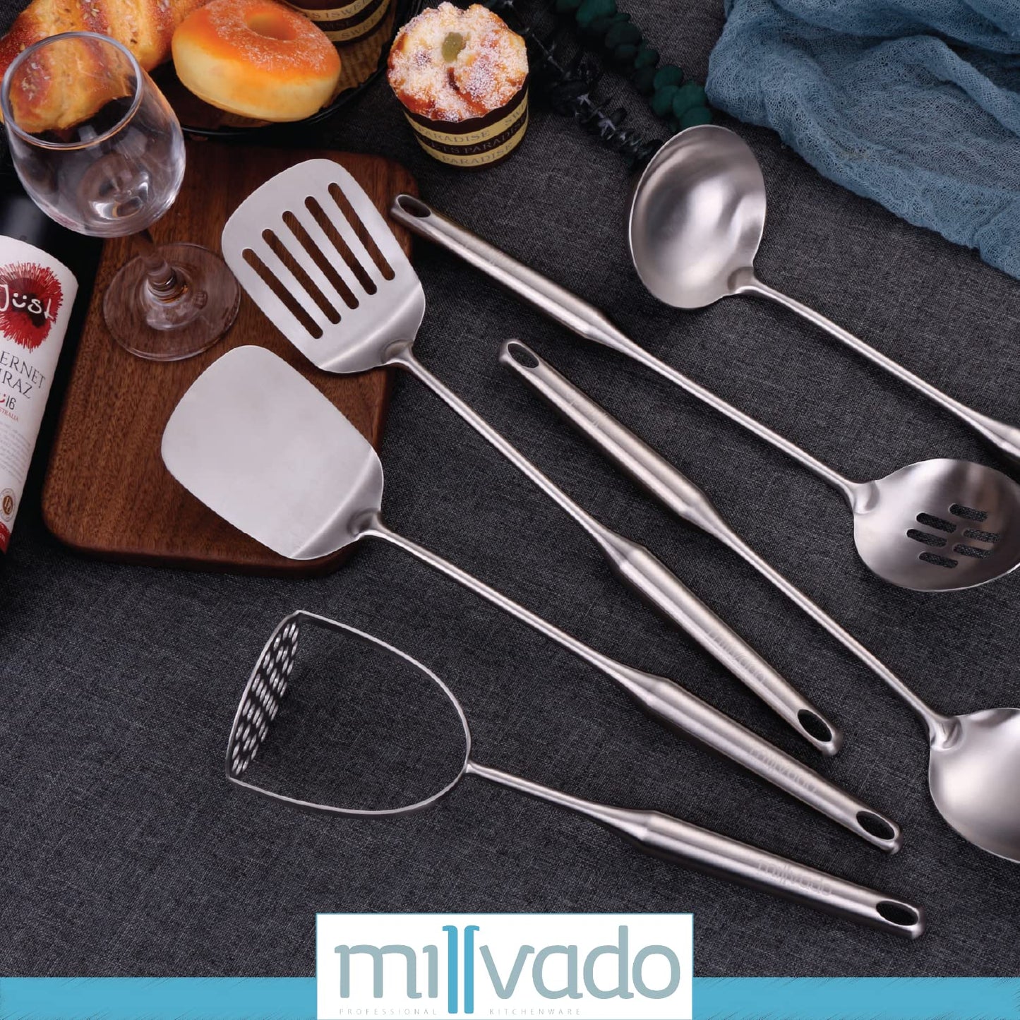 Millvado Stainless Steel Kitchen Utensil Set, Cooking Utensils, Set of 6 Kitchen Tools, Solid Spoon, Slotted Spoon, Solid Turner, Slotted Turner, Soup Ladle, Potato Masher, Dishwasher Safe