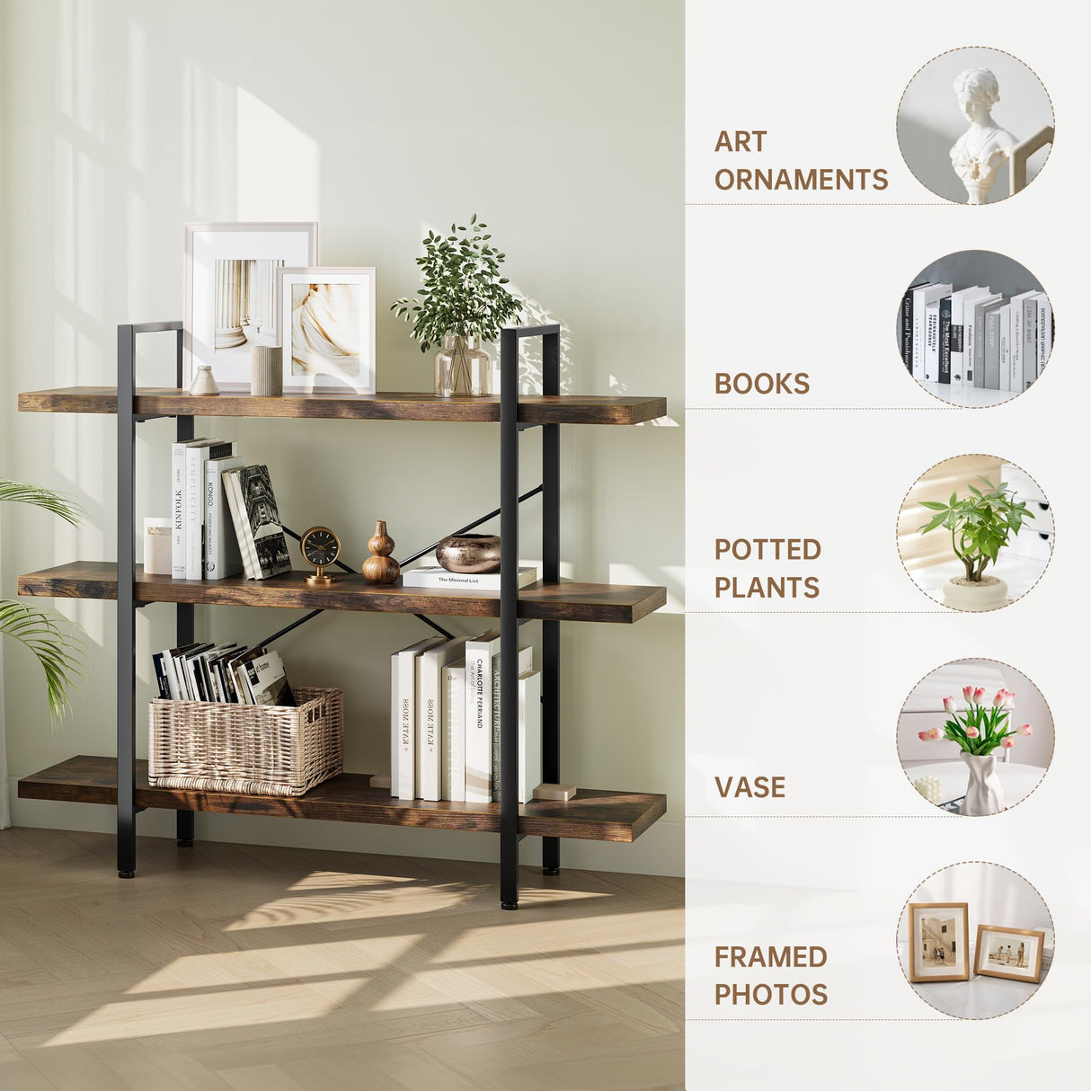 OtterOasis Heavy Duty 3-Tier Industrial Bookcase, 39" Wide Wood Bookshelf for Home Office, 120lbs Shelf Capacity, Rustic Open Shelving Display with Reinforced Horizontal Shelf for Living Room Bedroom OtterOasis