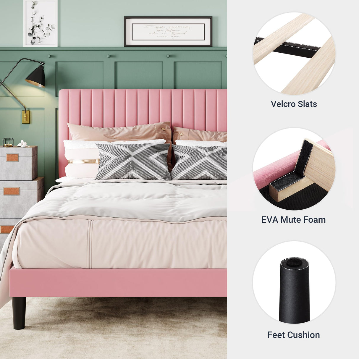 Allewie Full Bed Frame, Velvet Upholstered Platform Bed with Adjustable Vertical Channel Tufted Headboard, Mattress Foundation with Strong Wooden Slats, Box Spring Optional, Easy Assembly, Pink Allewie