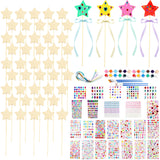 122 Pcs Unfinished Star Princess Fairy Wands Kit Make Your Own Princess Wand DIY Art Craft Magical Wand Include 48 Star Wooden Fairy Wands 24 Gem Stickers 48 Ribbons 12 Markers for Kids Party Supplies Feradny