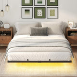 HOOBRO Floating Bed Frame Full Size, Bed Frame with Charging Station and LED Lights, Industrial Style Metal Platform Full Bed, Soundless, No Box Springs Needed, Black HOOBRO