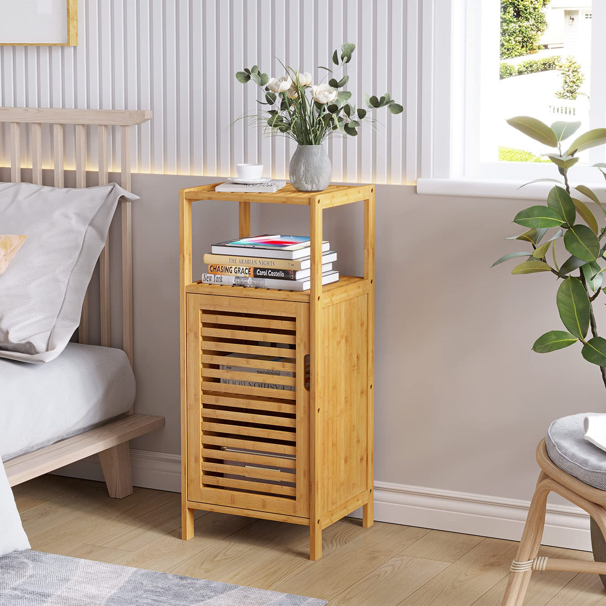 VIAGDO Bamboo Cabinet, Bathroom Storage Cabinet with Single Door and Shelf, Freestanding Bathroom Cabinet, Kitchen Cupboard, Sofa Side Table for Living Room/Hallway/Kitchen VIAGDO