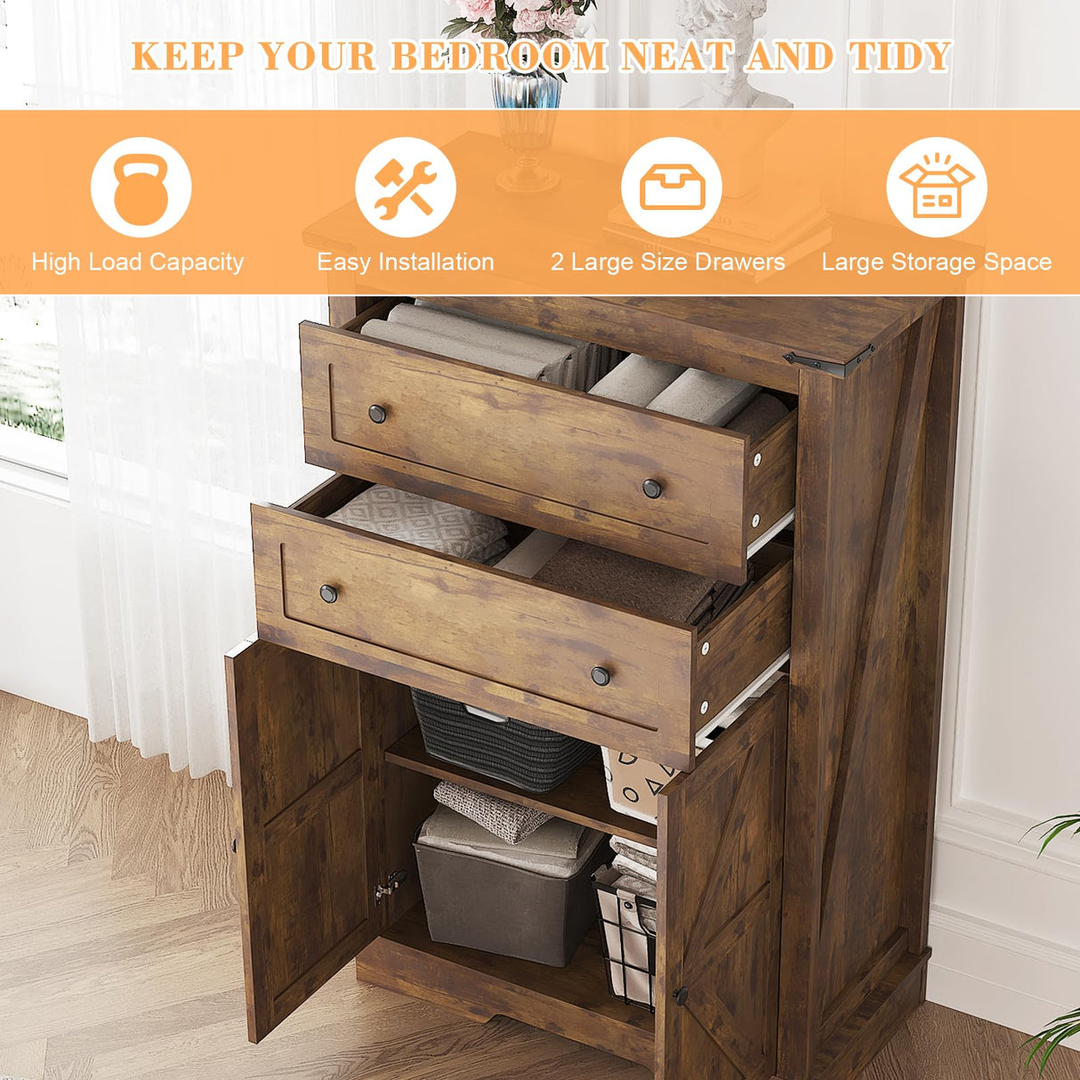 oneinmil Farmhouse Dresser with 2 Drawers, Tall Chest of Drawers Organizer, Rustic Tall Dresser 2 Chest of Drawers, Storage Organizer Dresser for Bedroom, Hallway, Living Room, Kids Room, Brown oneinmil