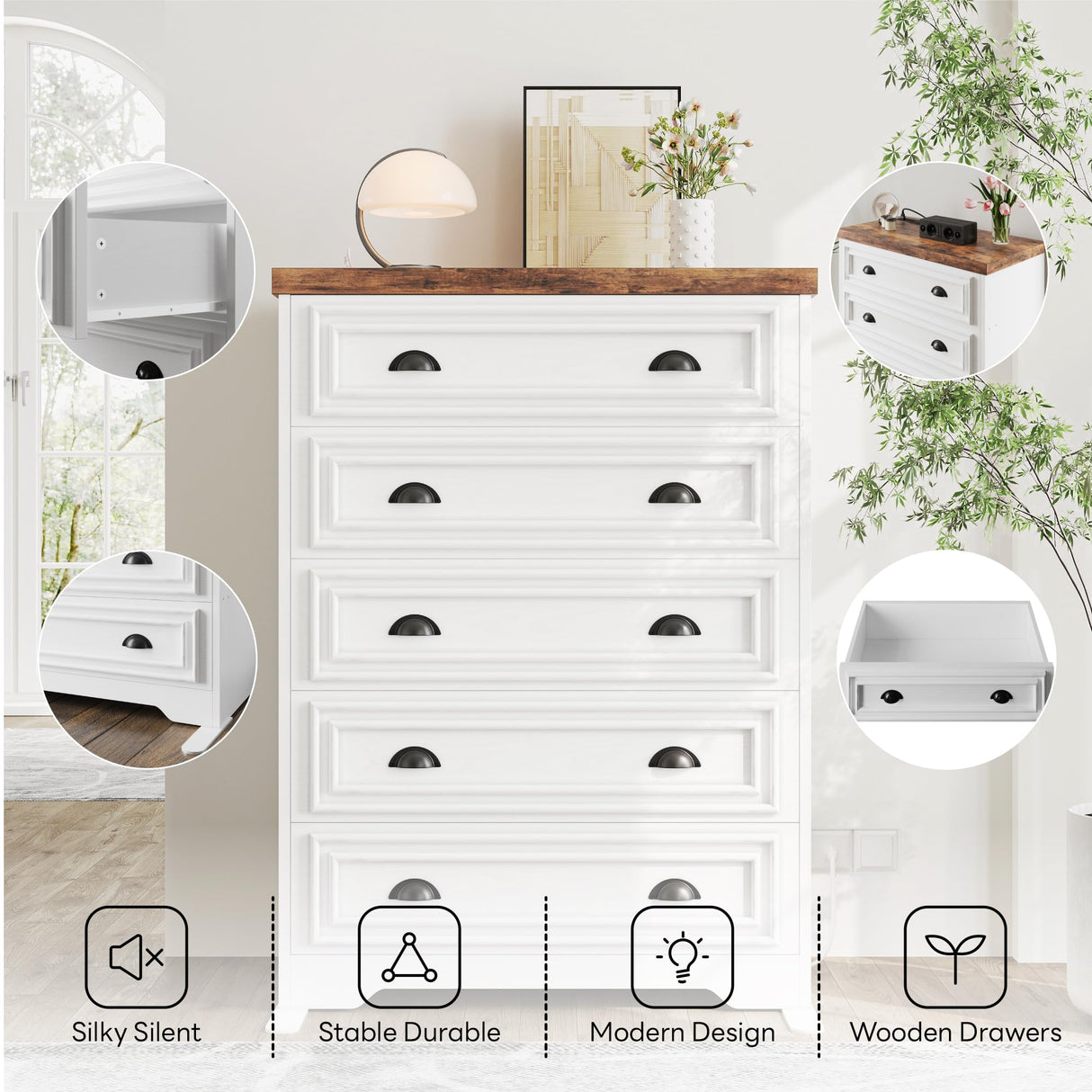 LIKIMIO 43" Tall 5 Drawers Dresser for Bedroom, Power Strip, Farmhouse Large Wood Dressers & Chest of Drawers with Wide Storage Cabinet, White LIKIMIO