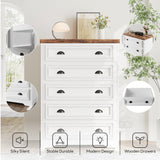 LIKIMIO 43" Tall 5 Drawers Dresser for Bedroom, Power Strip, Farmhouse Large Wood Dressers & Chest of Drawers with Wide Storage Cabinet, White LIKIMIO