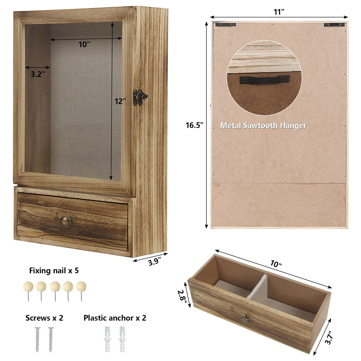 Butizone Shadow Box Frame, 3.2" Deep Shadow Box Display Case with Real Glass and Drawer, Rustic Wood Memory Box for Pictures, Flowers, Memorial, Medals, Wedding Bouquet for Wall or Tabletop, Brown Butizone