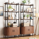 ONBRILL 71" Tall Bookshelf, 4-Tier Book Shelf with Storage Cabinet, Modern Bookcase with Sliding Door and Adjustable Footpad, Freestanding Storage Organizer Bookshelf for Living Room, Bedroom, Walnut ONBRILL