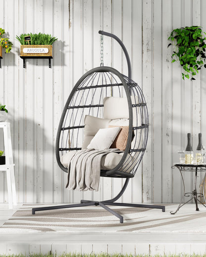 HWB Hanging Egg Chair with Stand, Patio Wicker Egg Swing Chair with Cushion for Bedroom Garden Indoor Outdoor (Beige) - WoodArtSupply