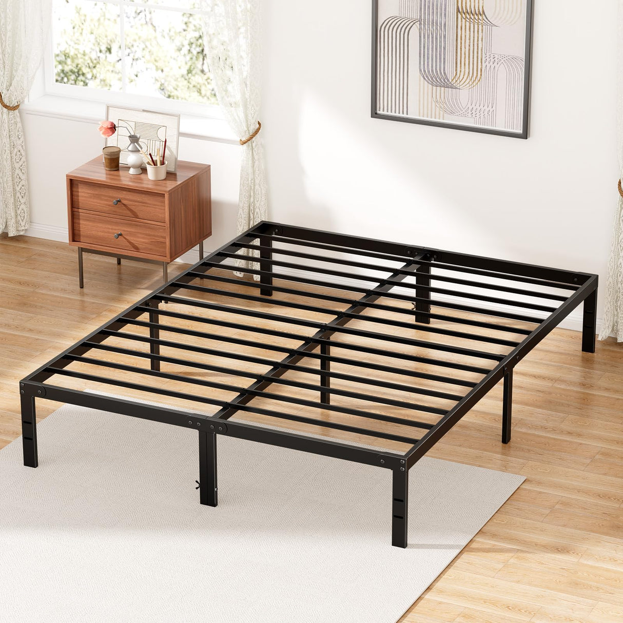 DUMOS Bed Frame - Queen Size Metal Platform Bed Frames Mattress Foundation with Steel Slat Support, No Box Spring Needed, Storage Space Under Base, Easy Assembly, Black DUMOS