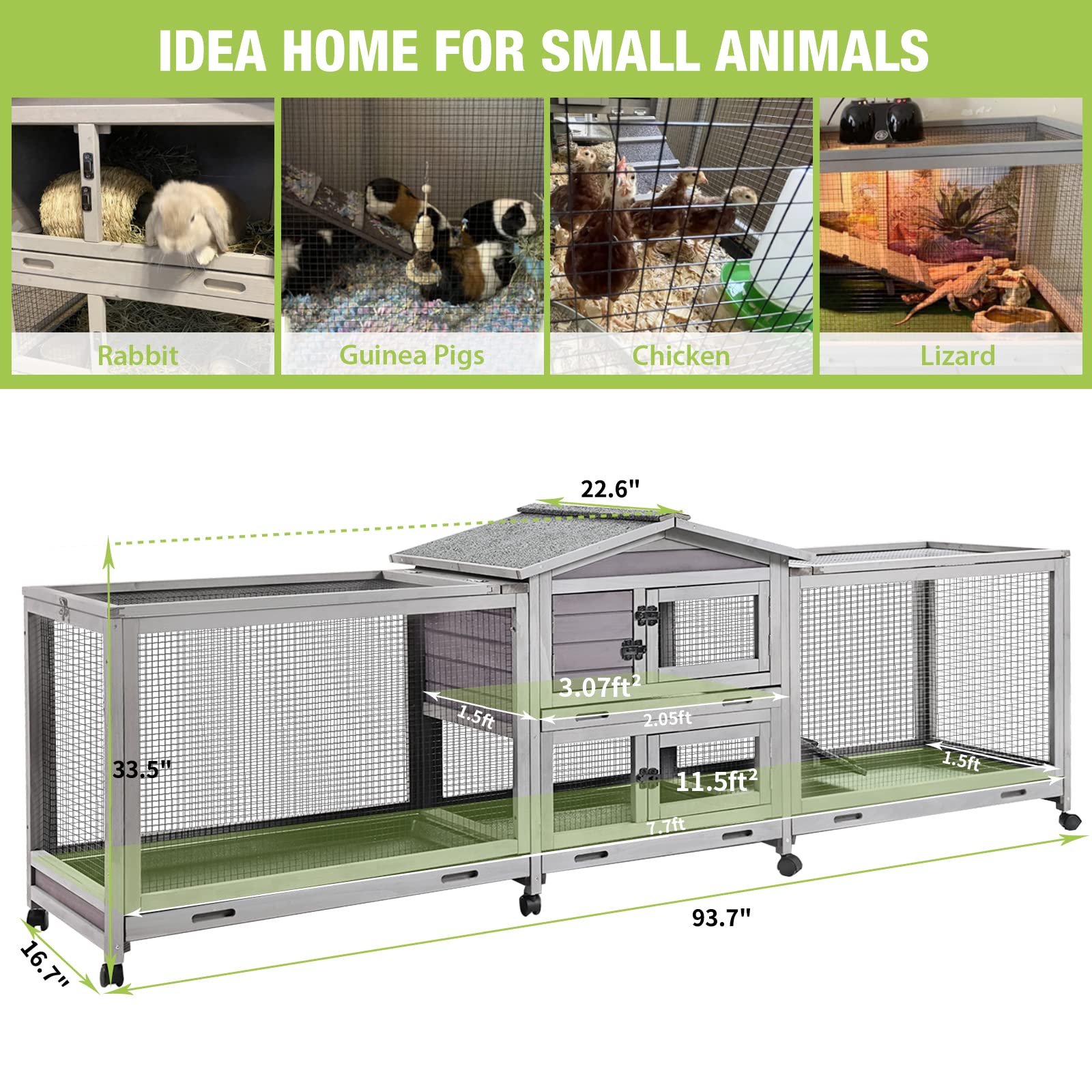 Rabbit Hutch Bunny Cage Indoor & Outdoor Rabbit Cage on Wheels, Large Guinea Pig Cage with 4 Deep No Leakage Pull Out Trays - 93.7" - WoodArtSupply