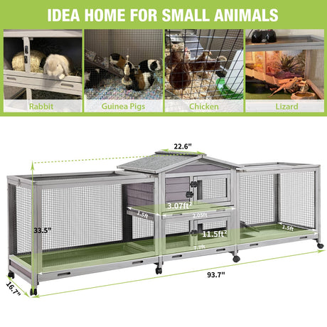 Rabbit Hutch Bunny Cage Indoor & Outdoor Rabbit Cage on Wheels, Large Guinea Pig Cage with 4 Deep No Leakage Pull Out Trays - 93.7" GUTINNEEN