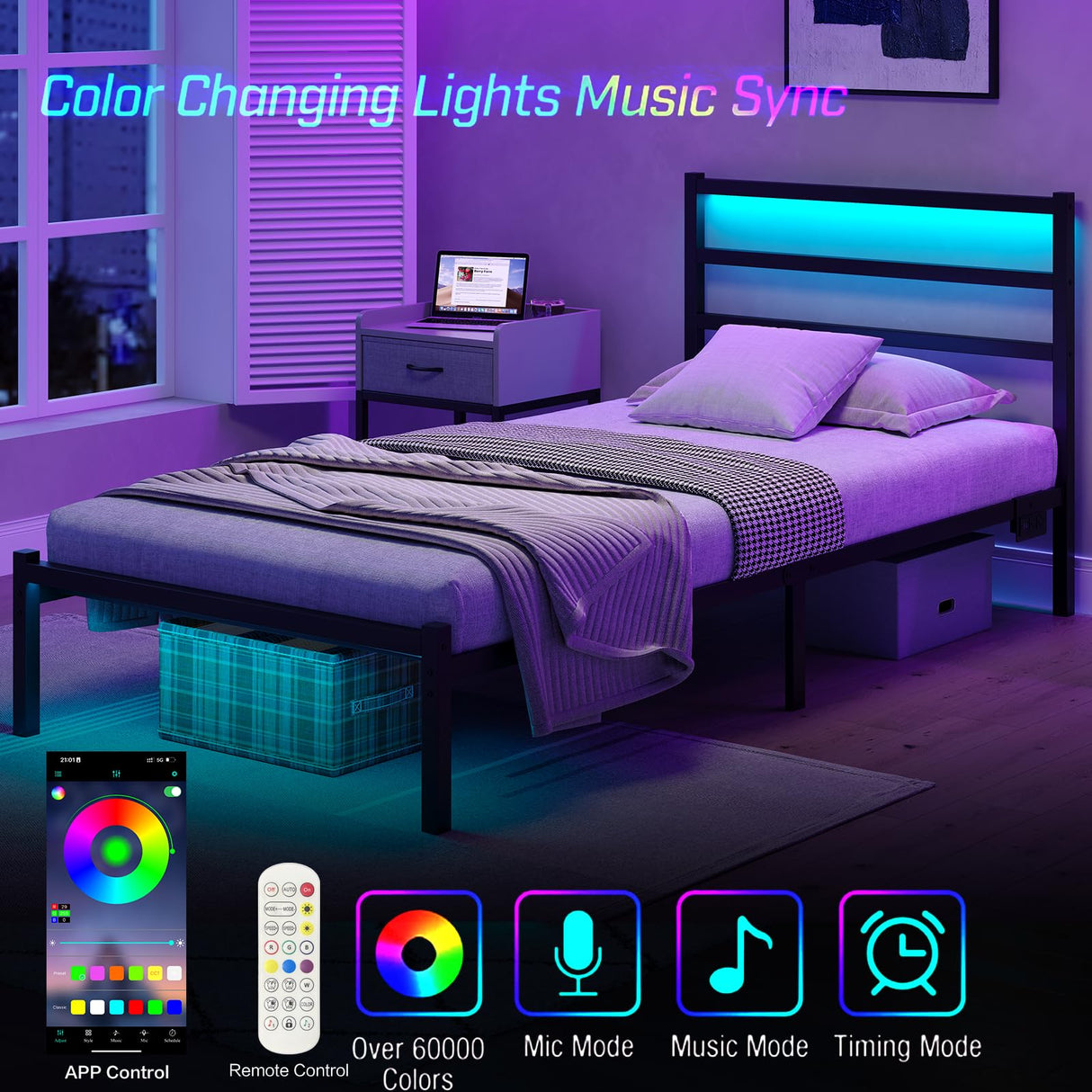 CollaredEagle Twin Size Bed Frame with Headboard, Metal Platform Bed Frame with LED, Charging Station, No Box Spring Needed, Easy Assembly, Noise Free, Black CollaredEagle