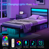 CollaredEagle Twin Size Bed Frame with Headboard, Metal Platform Bed Frame with LED, Charging Station, No Box Spring Needed, Easy Assembly, Noise Free, Black CollaredEagle