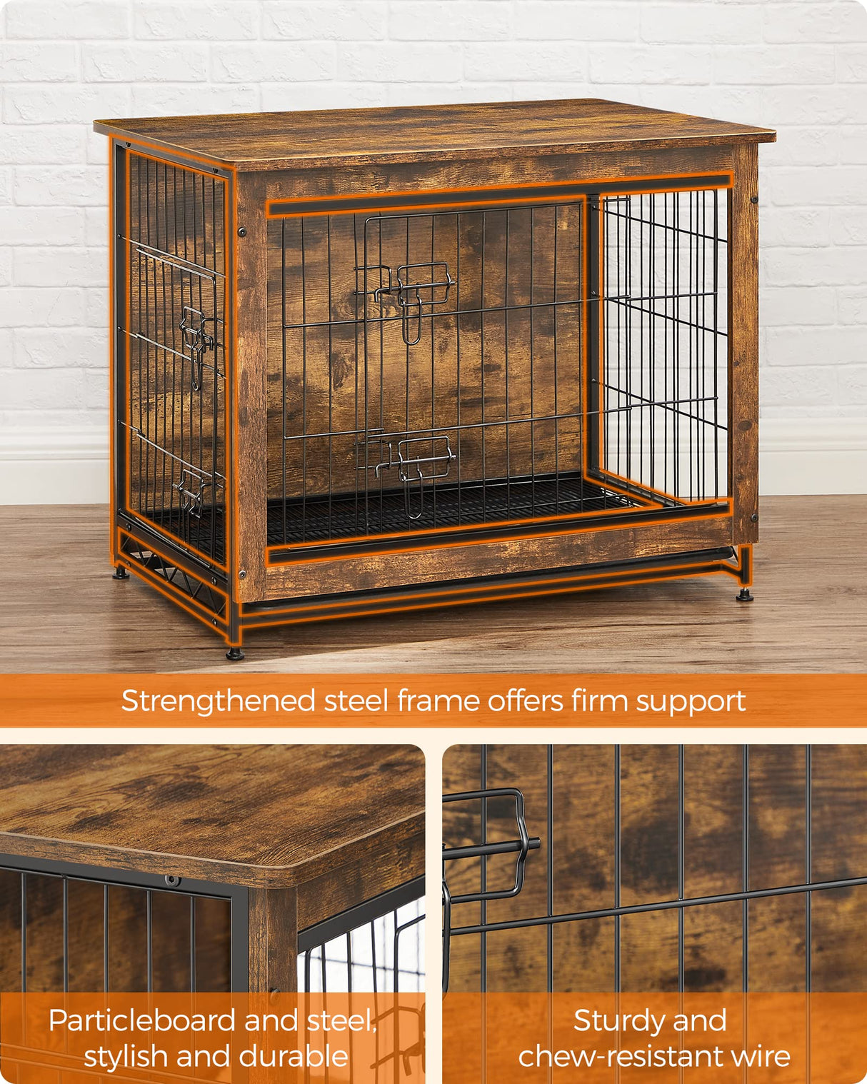 Feandrea Dog Crate Furniture, 32.5" Side End Table, Modern Kennel for Dogs Indoor up to 45 lb, Heavy-Duty Dog Cage with Multi-Purpose Removable Tray, Double-Door Dog House, Rustic Brown UPFC002X01 Feandrea