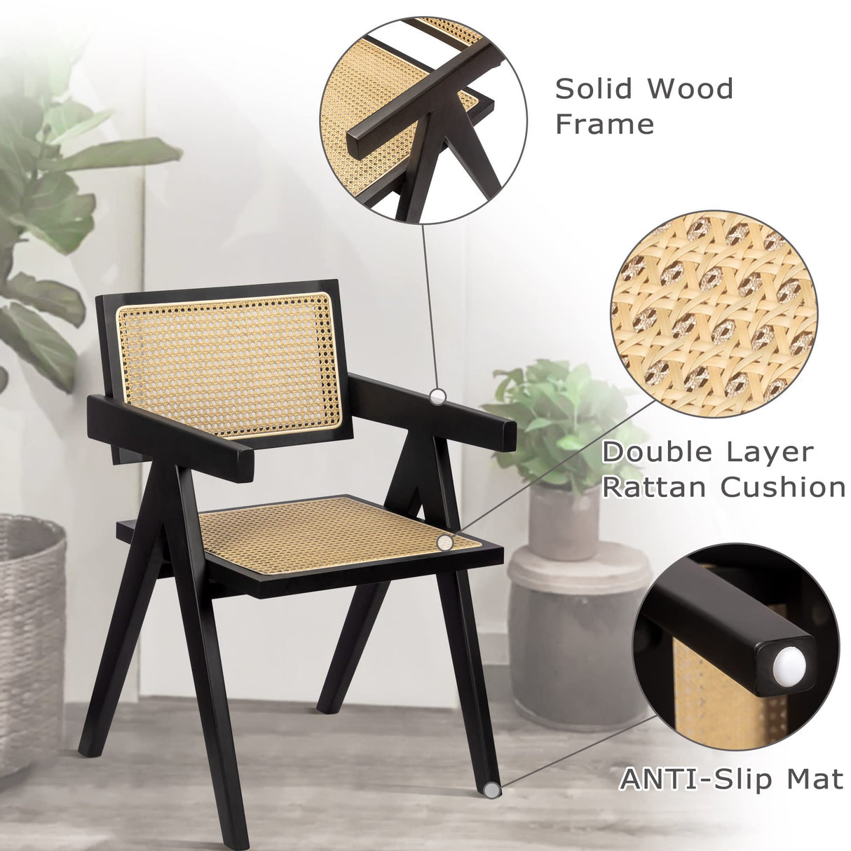 comfy to go Rattan Dining Chairs Set of 6, Kitchen Chairs Cane for Dining Room, Black comfy to go