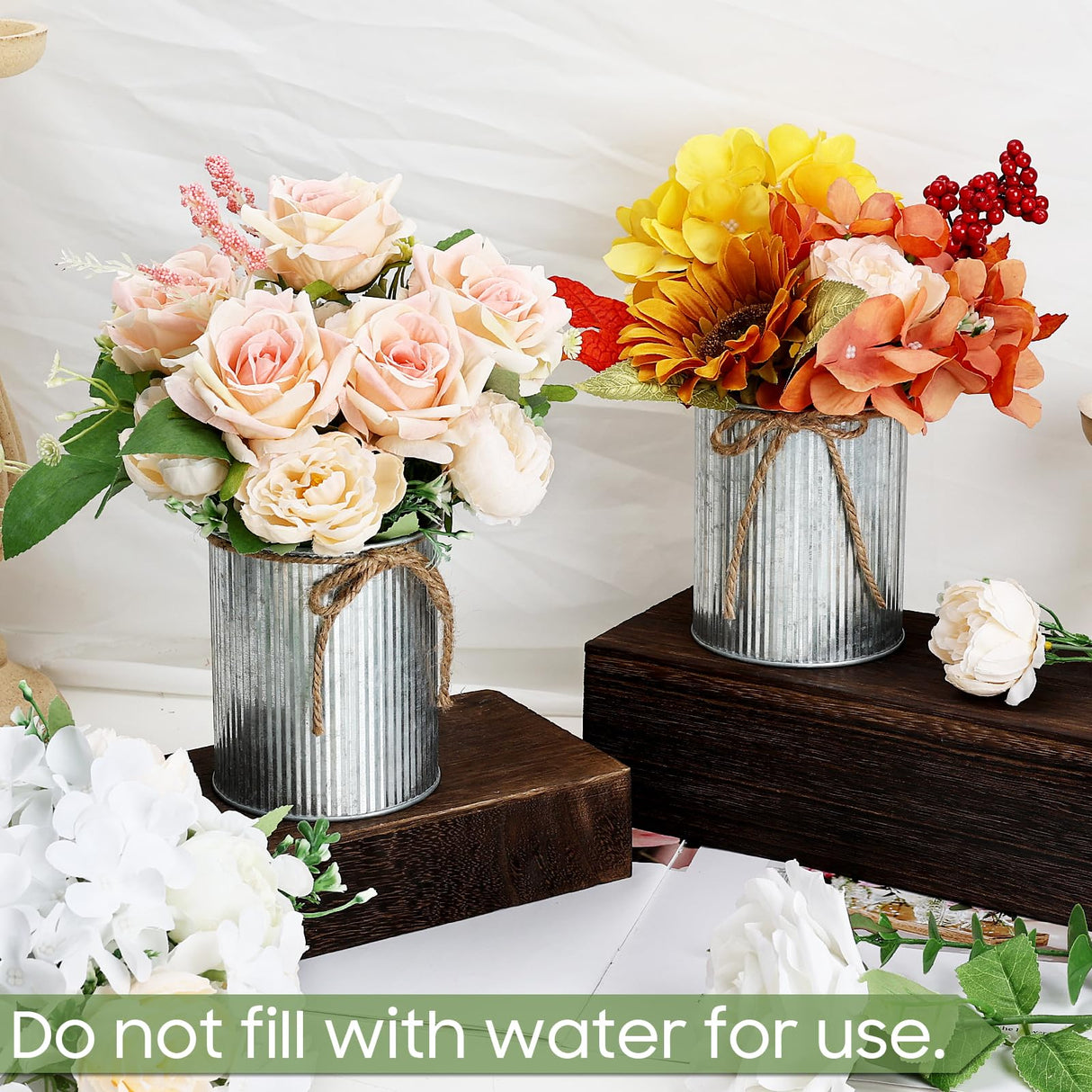 Scawim High Farmhouse Vase Decor, 4.55 X 4 Inch Rustic Flower Vase with Twine Bow Bulk 12PCS Tin Metal Buckets for Artificial Flowers Table Centerpiece Wedding Engagement Home(Iron) Scawim